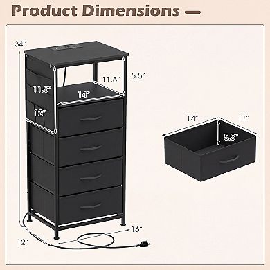Costway Nightstand with Integrated Charging Station, 4 Fabric Drawers & Metal Frame