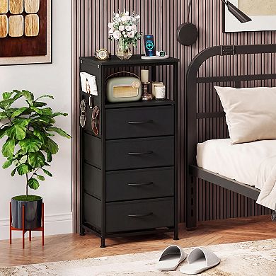 Costway Nightstand with Integrated Charging Station, 4 Fabric Drawers & Metal Frame