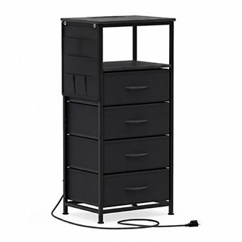 Costway Nightstand with Integrated Charging Station, 4 Fabric Drawers & Metal Frame