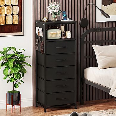 Costway Nightstand with Integrated Charging Station,Modern Bedside Table with 5 Fabric Drawers