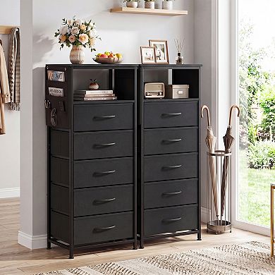 Costway Nightstand with Integrated Charging Station,Modern Bedside Table with 5 Fabric Drawers