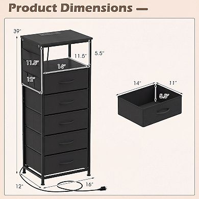 Costway Nightstand with Integrated Charging Station,Modern Bedside Table with 5 Fabric Drawers