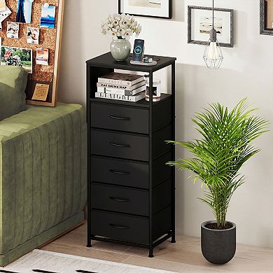 Costway Nightstand with Integrated Charging Station,Modern Bedside Table with 5 Fabric Drawers