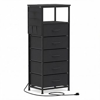 Costway Nightstand with Integrated Charging Station,Modern Bedside Table with 5 Fabric Drawers