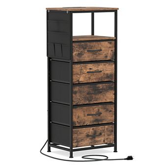 Costway Nightstand with Integrated Charging Station,Modern Bedside Table with 5 Fabric Drawers