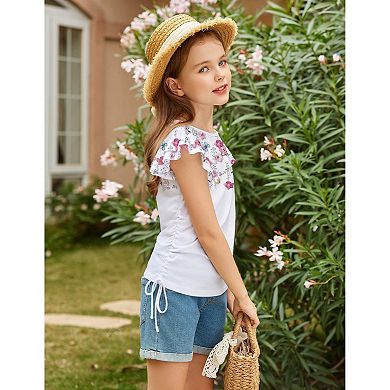 Arshiner Girls Ruffle Short Sleeve Ruched Knot Side Summer Tunic Tee Top