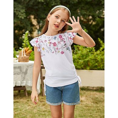 Arshiner Girls Ruffle Short Sleeve Ruched Knot Side Summer Tunic Tee Top