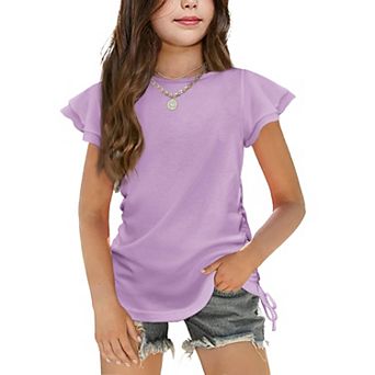 Arshiner Girls Ruffle Short Sleeve Ruched Knot Side Summer Tunic Tee Top