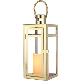 HomeRoots 12" Clear And Gold Glass And Stainless Steel Tabletop Lantern Candle Holder