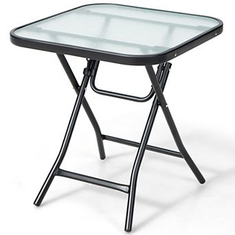 Costway Patio Folding Square Glass Side Table Bistro Coffee Table Plant Stand