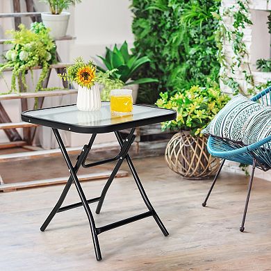 Costway Patio Folding Square Glass Side Table Bistro Coffee Table Plant Stand