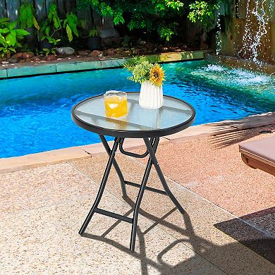 Costway Patio Folding Round Glass Side Table Bistro Coffee Table Plant Stand