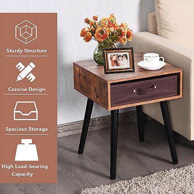 Costway Mid-Century Accent Bedside Table W/ Fabric Drawer