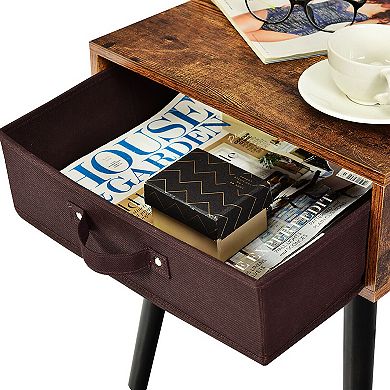 Costway Mid-Century Accent Bedside Table W/ Fabric Drawer
