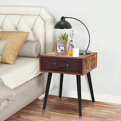 Costway Mid-Century Accent Bedside Table W/ Fabric Drawer