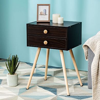 Costway Mid Century Modern 2 Drawers Nightstand Sofa Side Table End Table