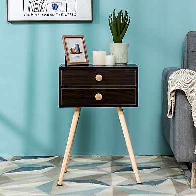 Costway Mid Century Modern 2 Drawers Nightstand Sofa Side Table End Table