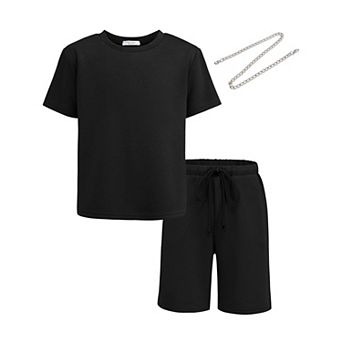 Arshiner Kids Boys Drop Shoulder T-Shirt Drawstring Waist Shorts With Chain Necklace