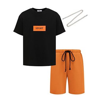 Arshiner Kids Boys Drop Shoulder T-Shirt Drawstring Waist Shorts With Chain Necklace