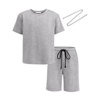Arshiner Kids Boys Drop Shoulder T-Shirt Drawstring Waist Shorts With Chain Necklace