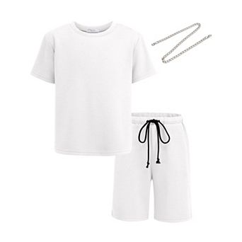 Arshiner Kids Boys Drop Shoulder T-Shirt Drawstring Waist Shorts With Chain Necklace