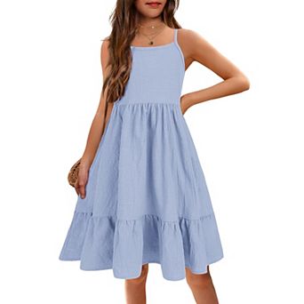 Arshiner Girl's Summer Sundress Spaghetti Strap Solid Linen Midi Dress Casual Cami Dresses