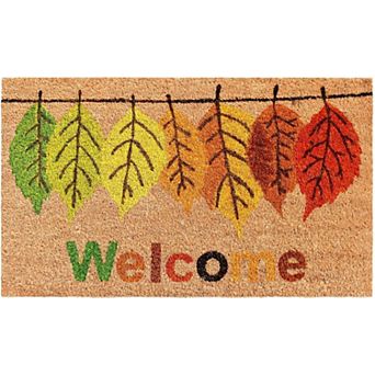 HomeRoots 17" X 29" Natural Green And Orange Botanical Leaves Welcome Outdoor Coir Door Mat