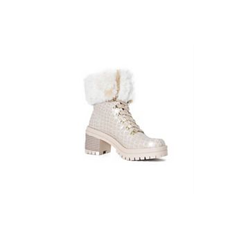 Rhinestone Fur-Cuff Lug Sole Boot