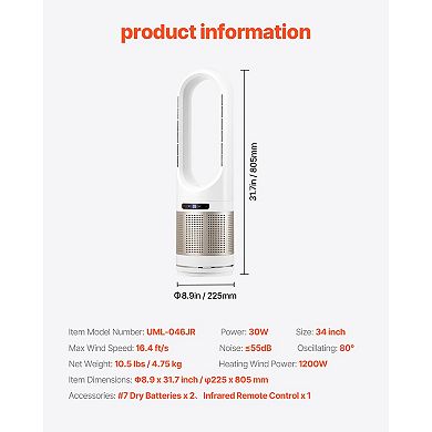VEVOR Tower Fan Bladeless, 16.4ft/s Velocity Floor Fan that Blows Cold Air