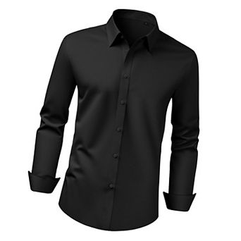 VEVOR Men's Button Up Shirt, Mens Long Sleeve Wrinkle-free Button Down Dress Shirts, Black