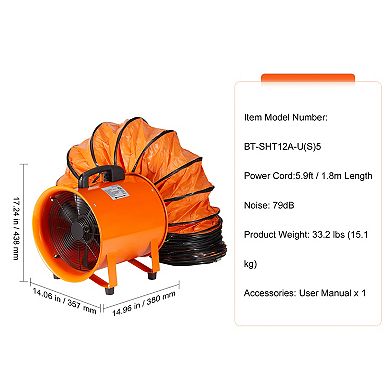 VEVOR Portable Ventilator, 12 inch Heavy Duty Cylinder Fan with 16.4ft Duct Hose
