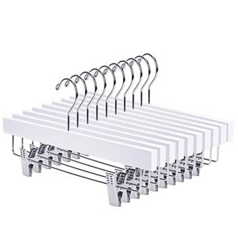 10 Solid Lotus Wood Pants Skirt Hangers Adjustable Non Slip Clips 360 Chrome Hook Heavy Duty 14 Inch