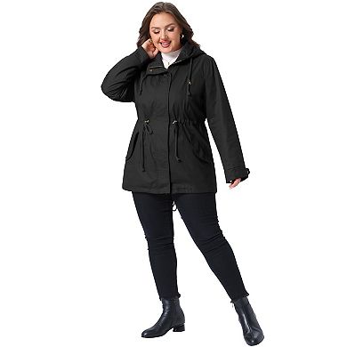 Women's Plus Size Hooded Drawstring Waist Utility Anorak Jacket Zip Up Windbreaker with Pockets