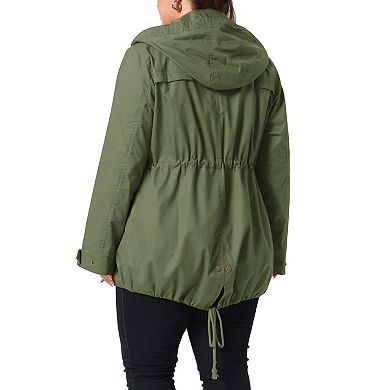 Women's Plus Size Hooded Drawstring Waist Utility Anorak Jacket Zip Up Windbreaker with Pockets