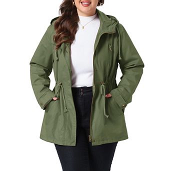 Women's Plus Size Hooded Drawstring Waist Utility Anorak Jacket Zip Up Windbreaker with Pockets