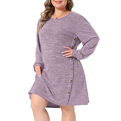 Women's Plus Size Round Neck Long Sleeve Side Decorative Button Midi Tunic Dress with Pockets