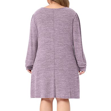 Women's Plus Size Round Neck Long Sleeve Side Decorative Button Midi Tunic Dress with Pockets