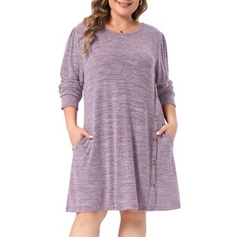 Women's Plus Size Round Neck Long Sleeve Side Decorative Button Midi Tunic Dress with Pockets