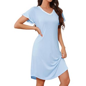 Women's Nightgown Modal Nightdress Stretchy V Neck Short Sleeves Lightweight Ruffle Sleep Dress