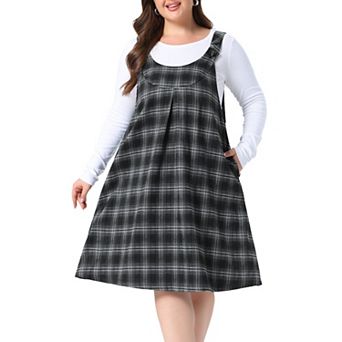 Women's Plus Size Plaid Overalls Dress Checkered with Adjustable Straps and Pockets