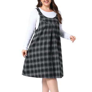 Women's Plus Size Plaid Overalls Dress Checkered with Adjustable Straps and Pockets