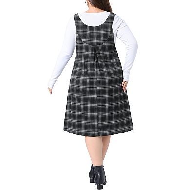 Women's Plus Size Plaid Overalls Dress Checkered with Adjustable Straps and Pockets