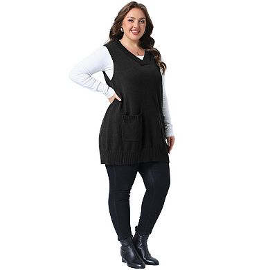 Women's Plus Size V Neck Sleeveless Sweater Vest with Ribbed Hem and Patch Pockets