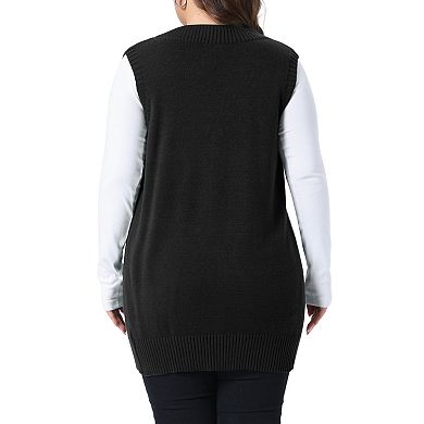 Women's Plus Size V Neck Sleeveless Sweater Vest with Ribbed Hem and Patch Pockets