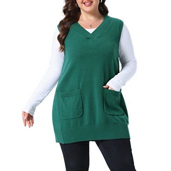 Women's Plus Size V Neck Sleeveless Sweater Vest with Ribbed Hem and Patch Pockets