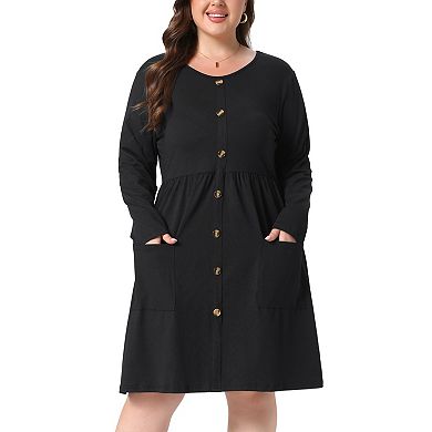 Women's Plus Size Round Neck Long Sleeve Faux Button Dress with Patch Pockets
