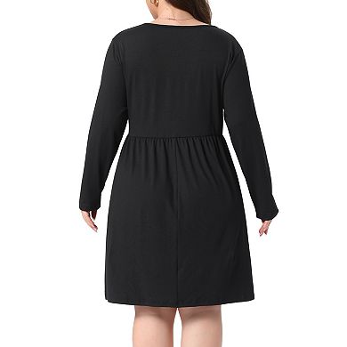 Women's Plus Size Round Neck Long Sleeve Faux Button Dress with Patch Pockets