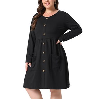Women's Plus Size Round Neck Long Sleeve Faux Button Dress with Patch Pockets