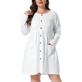 Women's Plus Size Round Neck Long Sleeve Faux Button Dress with Patch Pockets