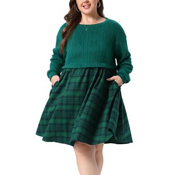 Women's Plus Size Knit Plaid Patchwork Long Sleeve Midi Dress with Pockets